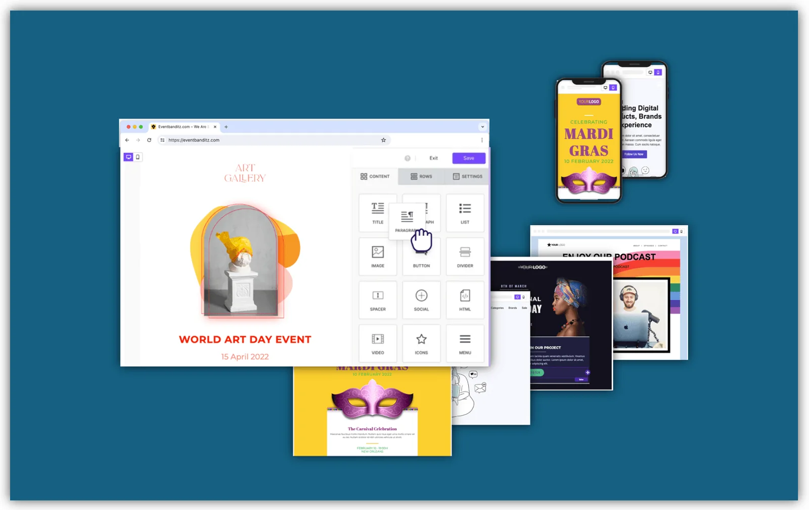 Event page builder showing a branded event website and mobile pages